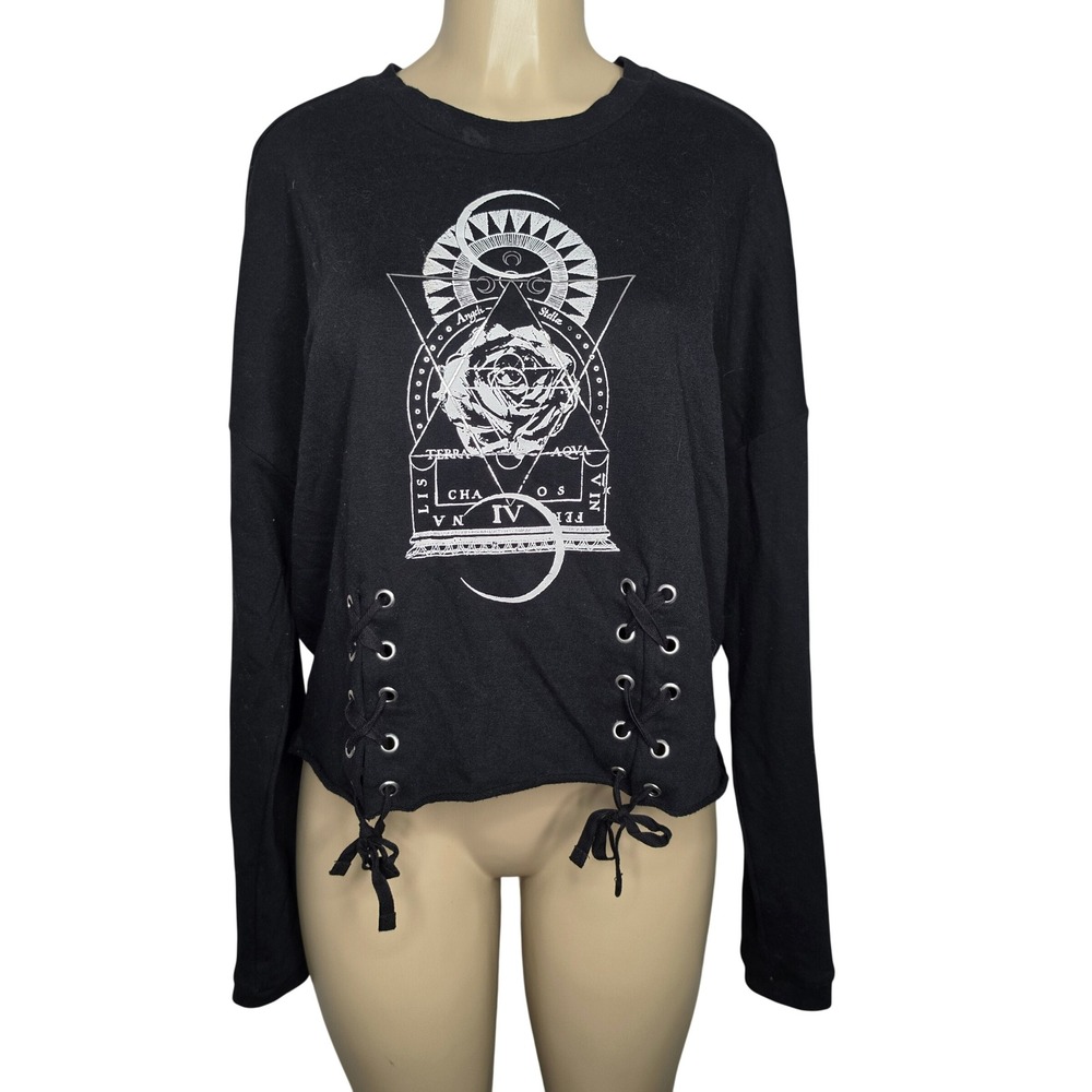 Hot Topic Top Women L Black Celestial Rose Lace Up Crop Long Sleeve Goth Graphic